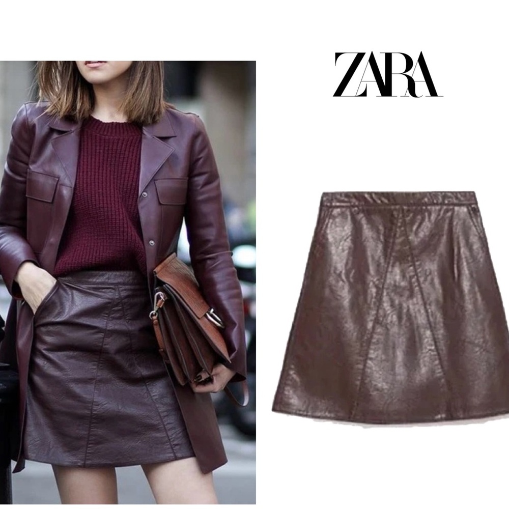 Zara Burgundy Red Faux Leather A-line Mini Skirt Sz M